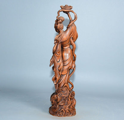 Chinese Wood Carving Beautiful Woman Fairy Boxwood Wooden Statue Vintage Carved