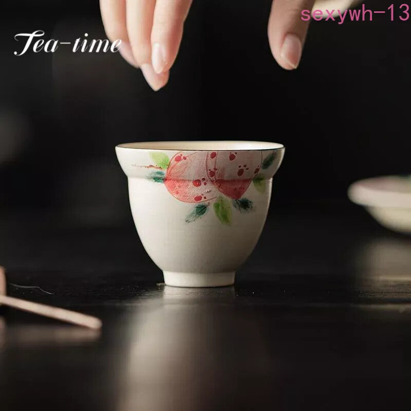 150ml on-glazed Ceramic Teacups Pure Hand Painted Pink Peach Stoneware Tea Cup