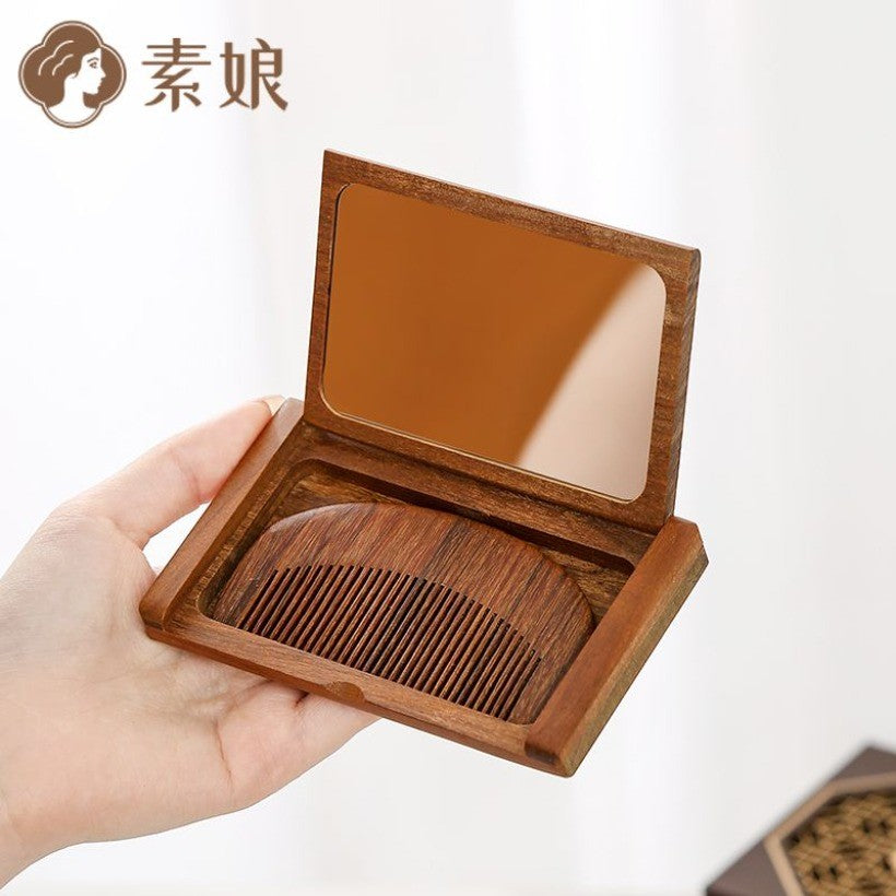 Wooden Folding Mirror 11.5×7cm with Comb Portable Mini Makeup Mirror for Women