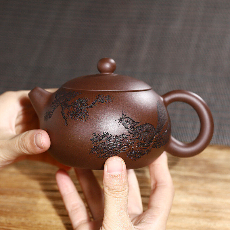 Traditional Craft Real Yixing Zisha Purple Clay Tea Pot Handmade Squirrel Carved