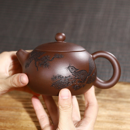 Traditional Craft Real Yixing Zisha Purple Clay Tea Pot Handmade Squirrel Carved