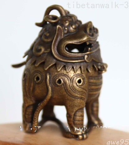 Old Copper Bronze Fu Foo Dog Lion Incense Burner Statue