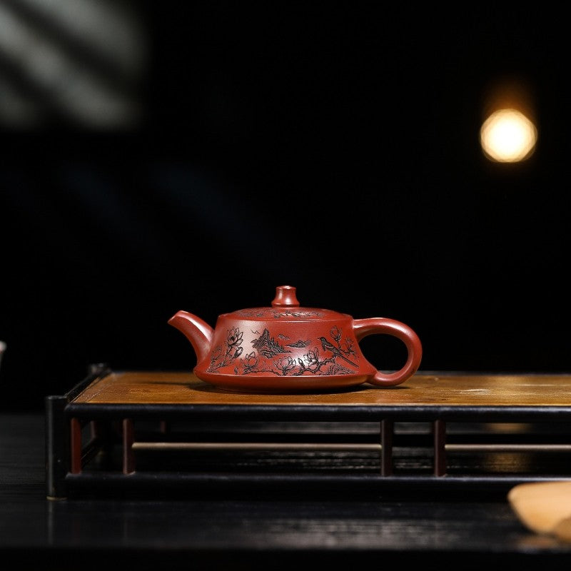 Hand Carved Real Yixing Zisha Dahongpao Clay Tea Pot Bird Branch Engraved 130ml