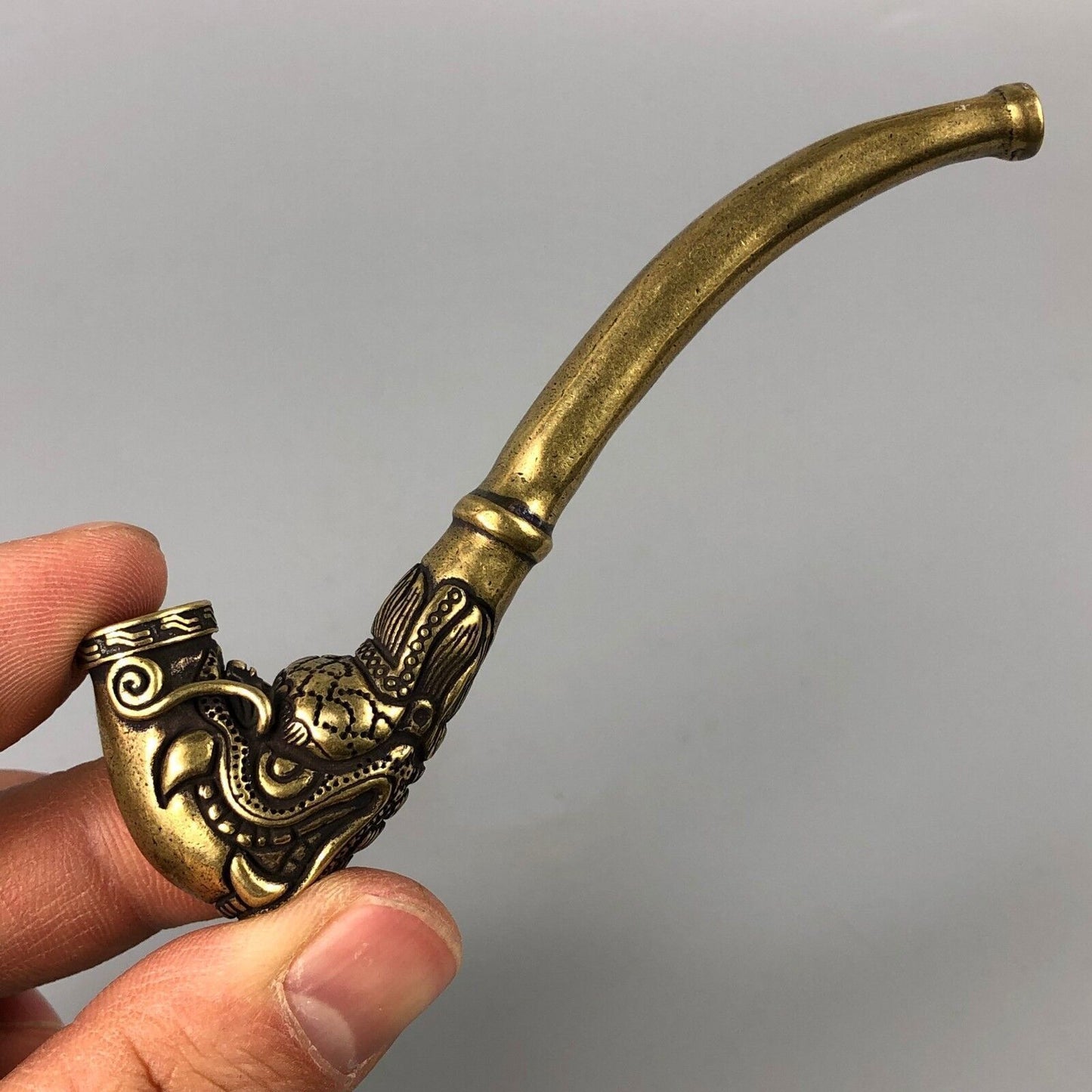 Chinese Old Brass copper Handwork Lifelike Dragon Sm0king Pipe Statue