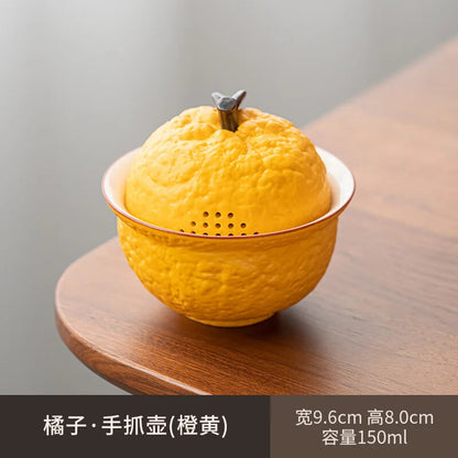 Handmade Ceramic Pottery Tea Bowl Cups Pigmented Orange Shape Chinese Teaware