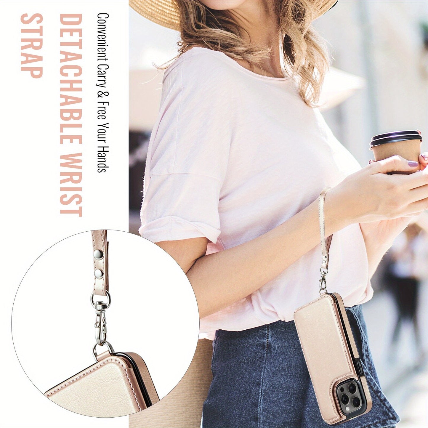 For iPhone 16/15/14/13/12/11 Pro Max Wallet Case with Card Holder Wrist Strap