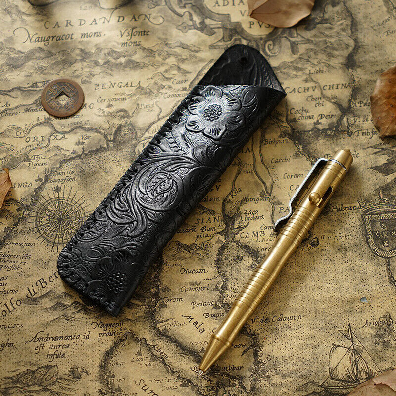 Portable Real Leather Pen Protector Bag Holder Pencil Case Handmade Carved Gifts