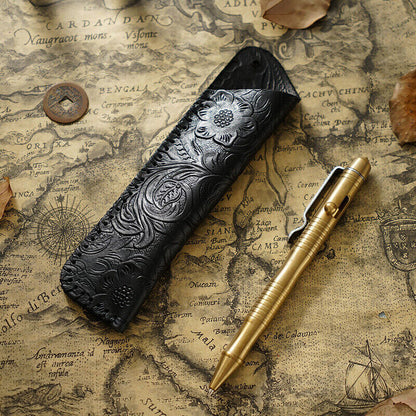 Portable Real Leather Pen Protector Bag Holder Pencil Case Handmade Carved Gifts