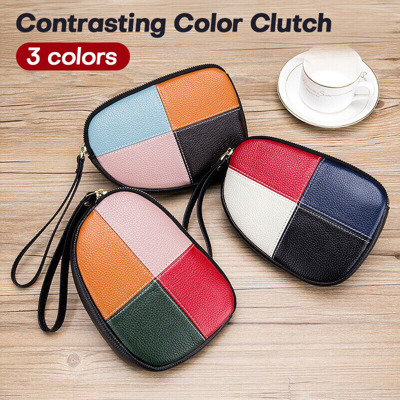 Womens Leather Hand Collar Bag Zipper Contrast Color Cowhide Phone Clutch Wallet
