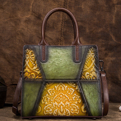 Designer Women's Genuine Leather Retro Handbag FlowerEmbossed Sling Shoulder Bag