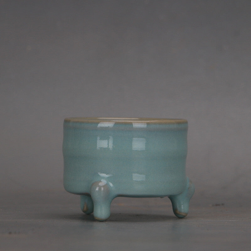 2.4" collection Chinese Song Ru Kiln Porcelain Celeste Glaze Three Foot Cup