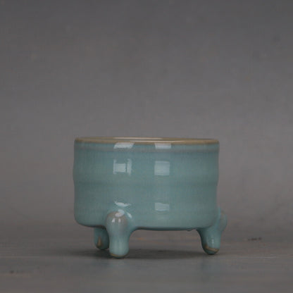 2.4" collection Chinese Song Ru Kiln Porcelain Celeste Glaze Three Foot Cup