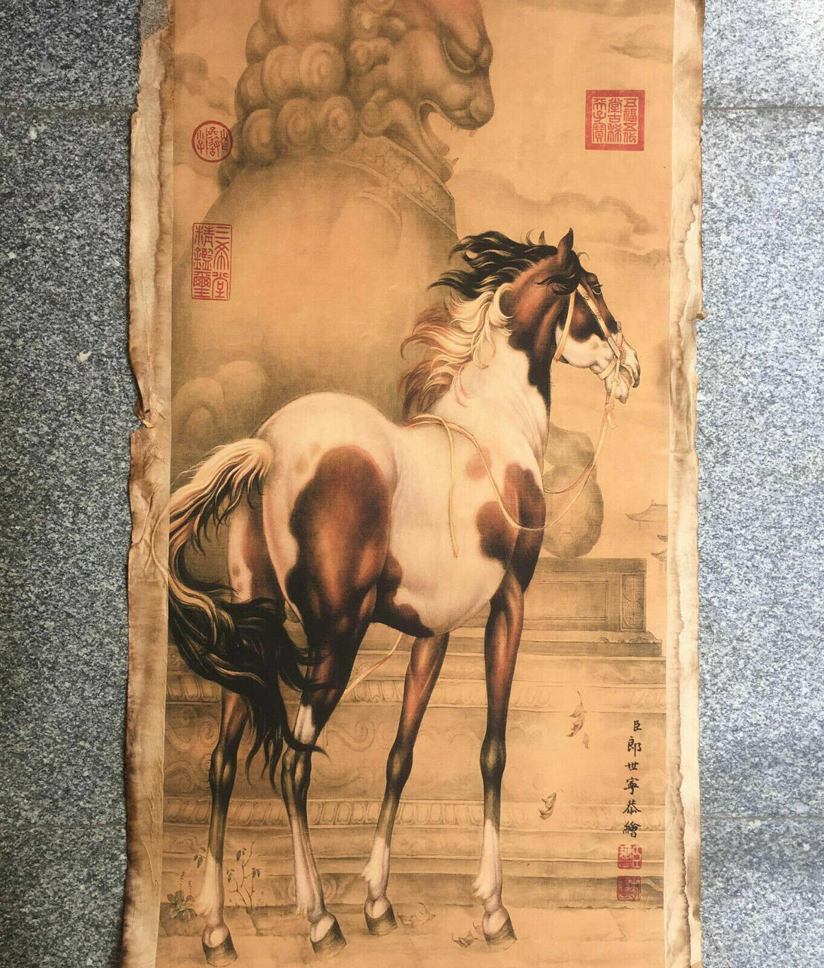 Chinese Old Scroll Lang shining - horse Pictures Painting Rice Paper Painting