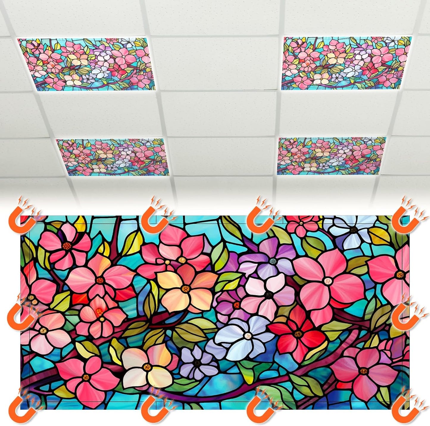 4 Pcs Colorful Floral Fluorescent Light Covers 4 X 2 Ft Stained Glass Magnetic O