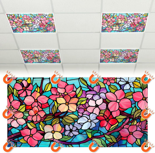 4 Pcs Colorful Floral Fluorescent Light Covers 4 X 2 Ft Stained Glass Magnetic O