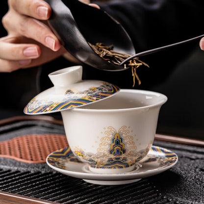 Jade Ceramics Enamel Colors Patterned Gaiwan 150ml 5.1oz White Kungfu Tea Set