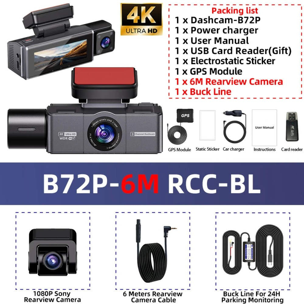 4K 3 Channel Dashcam WiFi GPS Night Vision Car DVR
