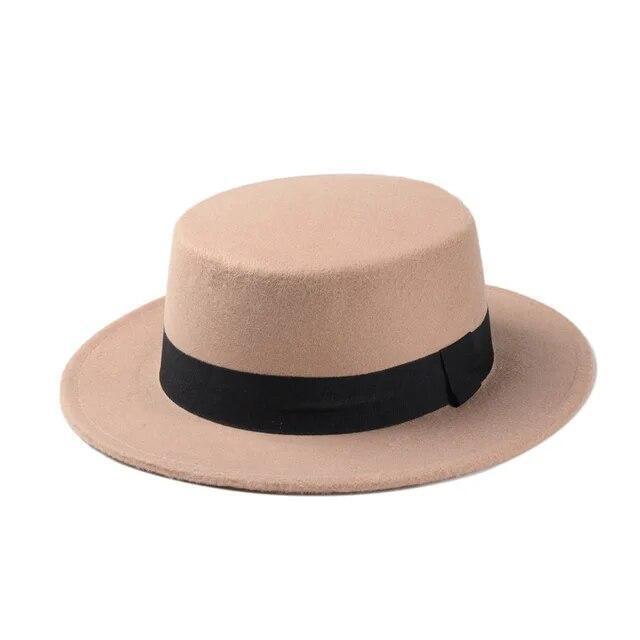 Flat Top Hat Wool Pork Pie Boater Fashion for Men Women Wide Brim Gambler Hat
