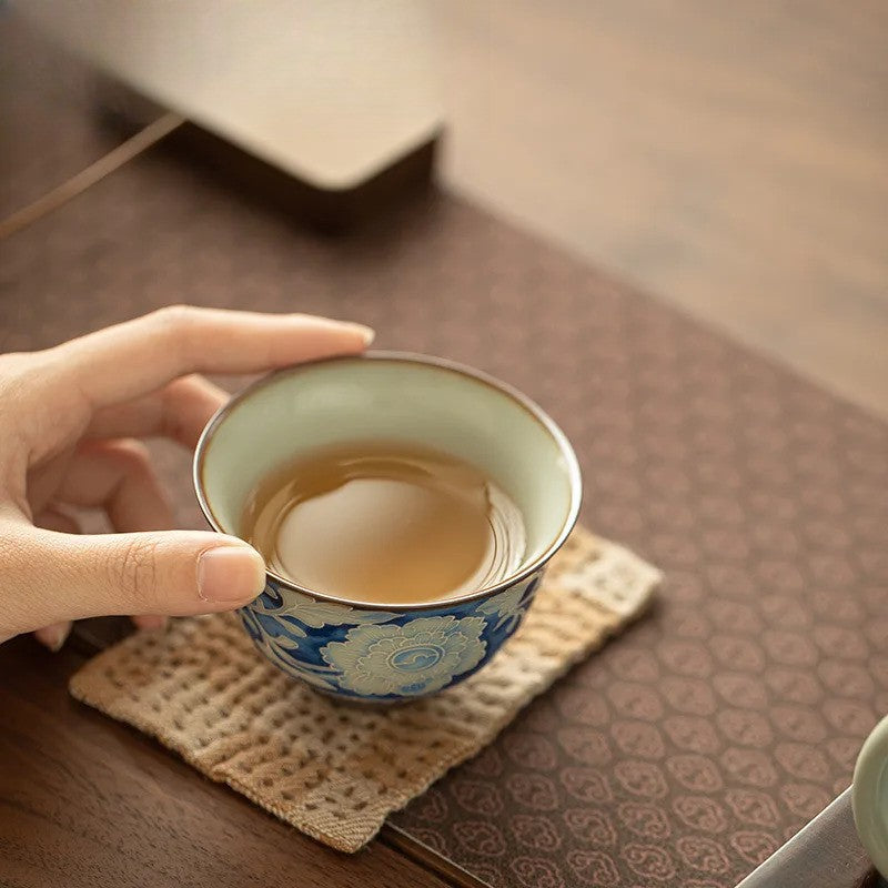 120ml Ceramic Ru Kiln Peony Teacup Tea Bowl Tea-tasting Fragrance Cup Master Cup