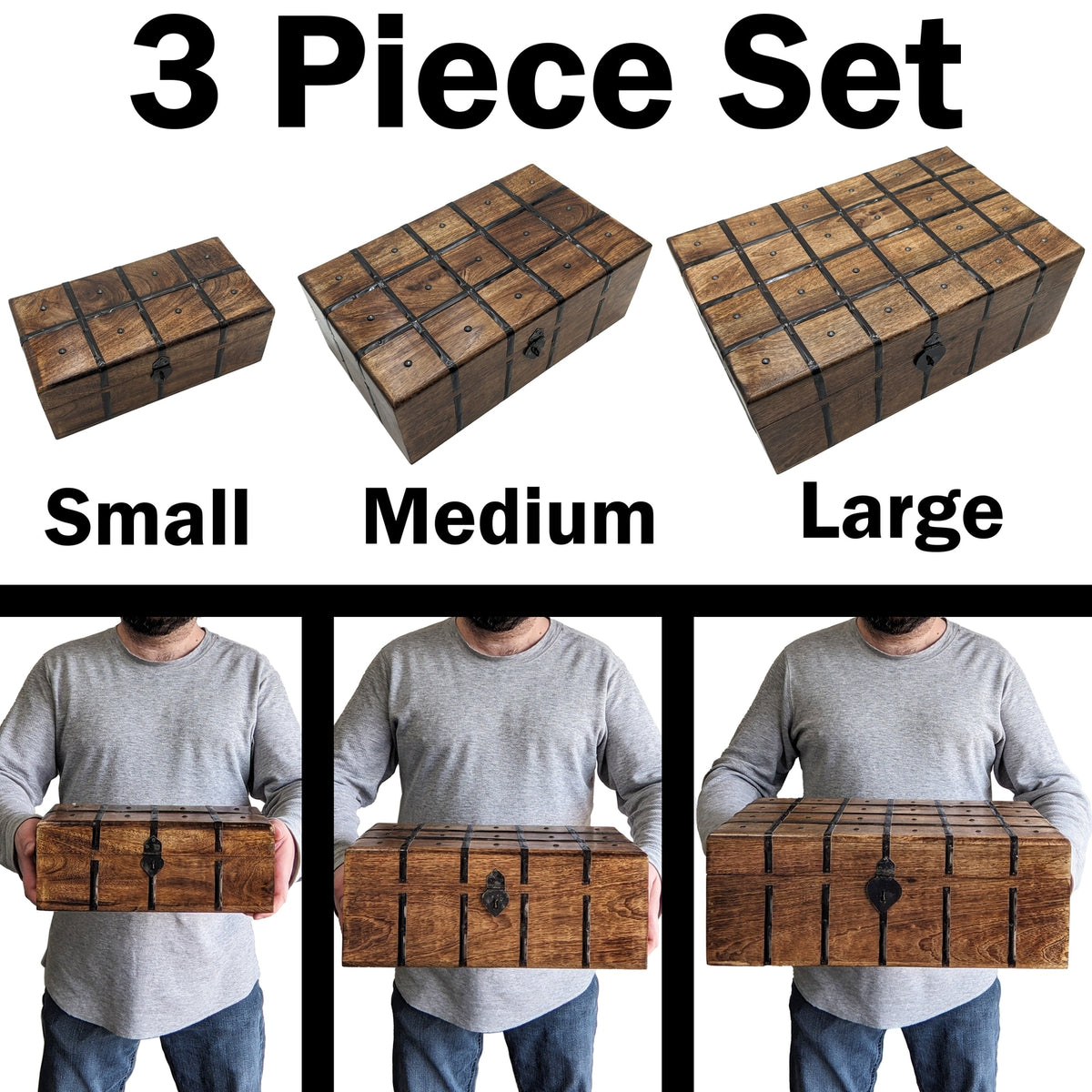 3 Set (S,M & L) Nesting Wooden Pirate Treasure Chests, Hinges & Clasps for locks