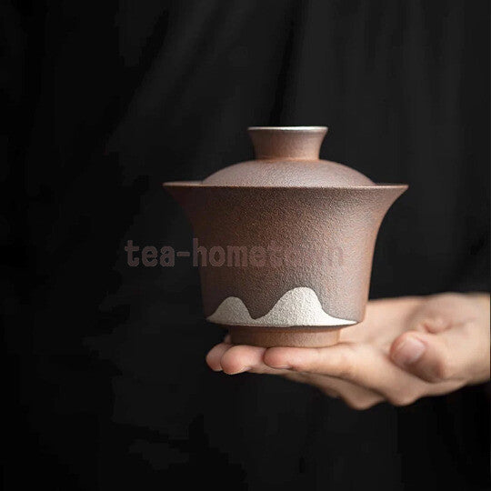 Coarse Pottery Ceramic Gaiwan with 999 Gilt Silver HandPainting Mountain 170ml
