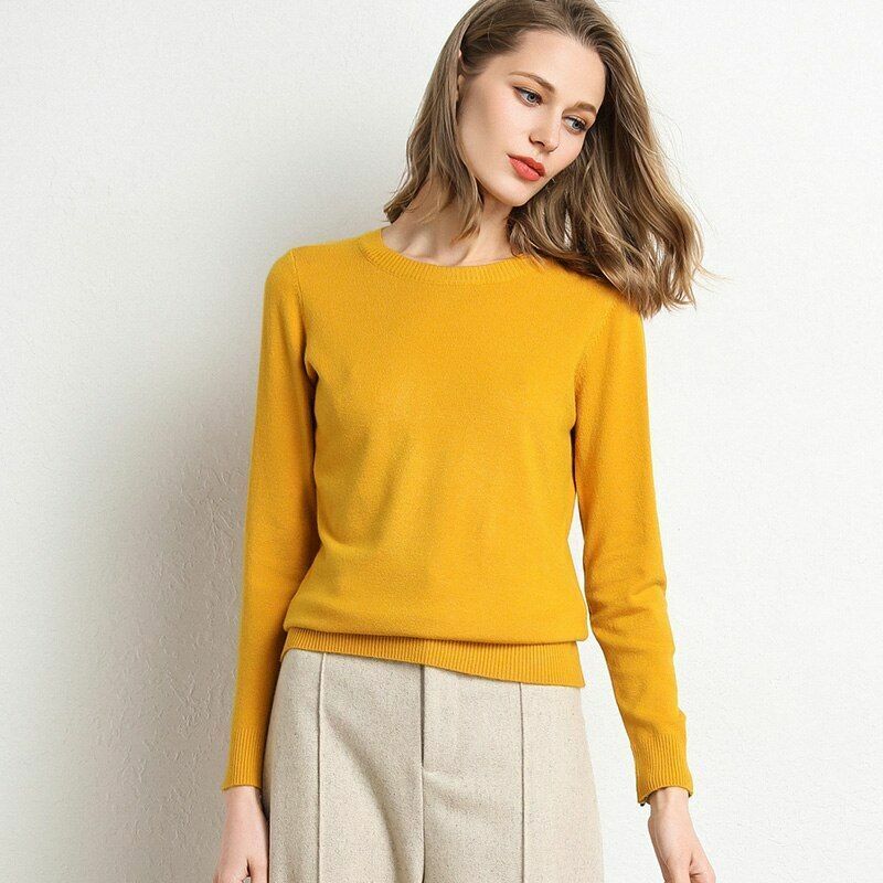 Women Sweater Clothes Solid Round Neck Jumper Long-sleeved Knitted Pullovers