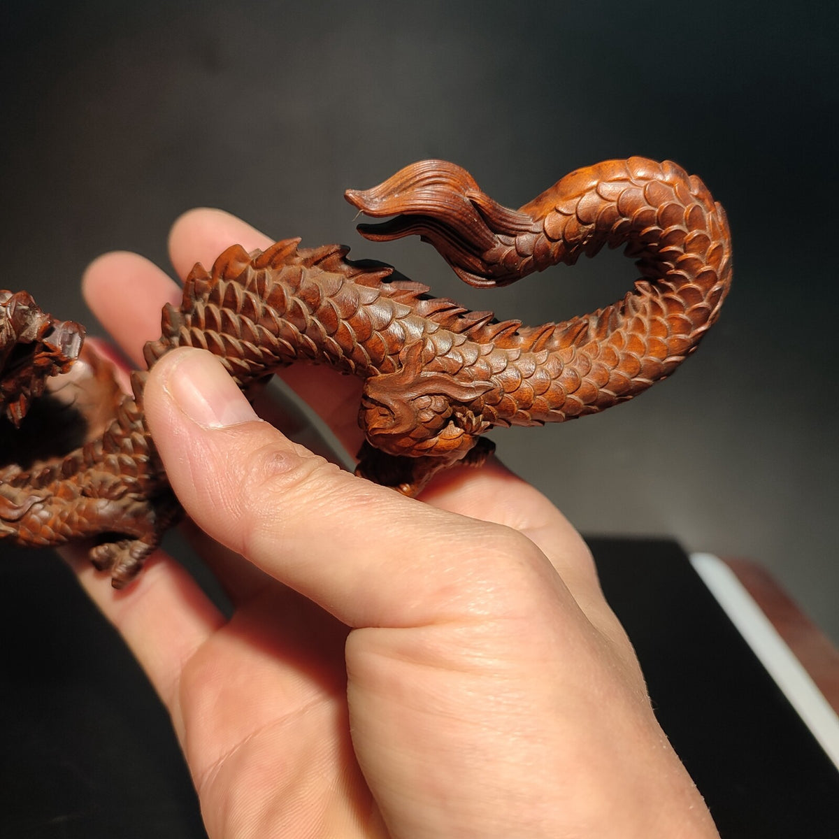 6.3" Wood carved Ornament chinese dragon statue fengshui Loong sculpture art