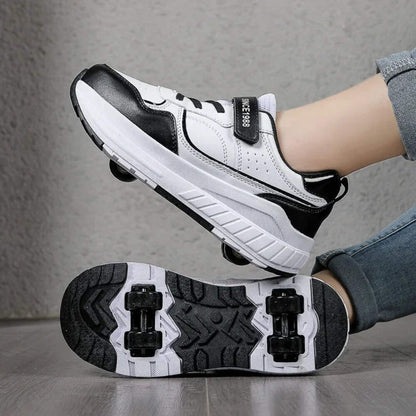 Kids Four-Wheel Roller Shoes PU Leather Sneakers