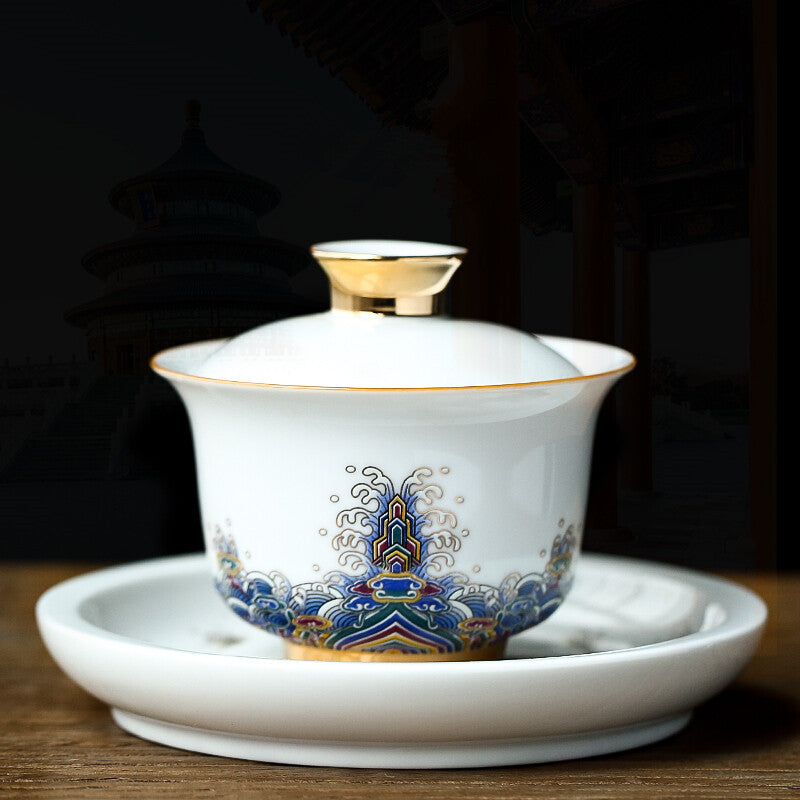 Boutique Gaiwan Porcelain Tureen Handpainted Cup Bowl Holder Cup Saucer With Lid