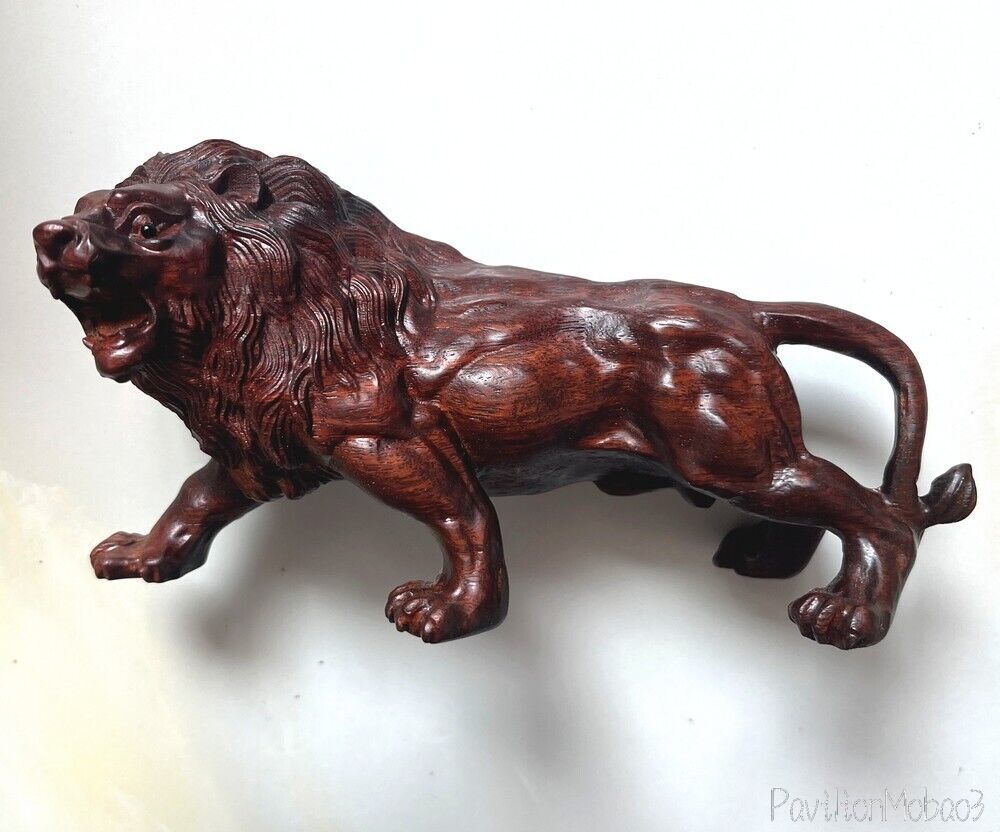 Natural Rosewood Carved Lion Statue Animal Sculpture Decor