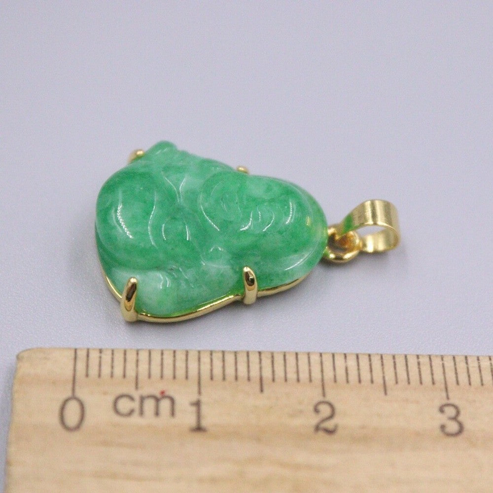 New 18K Yellow with Green Jade Buddha Pendant 1.10Inch H 佛
