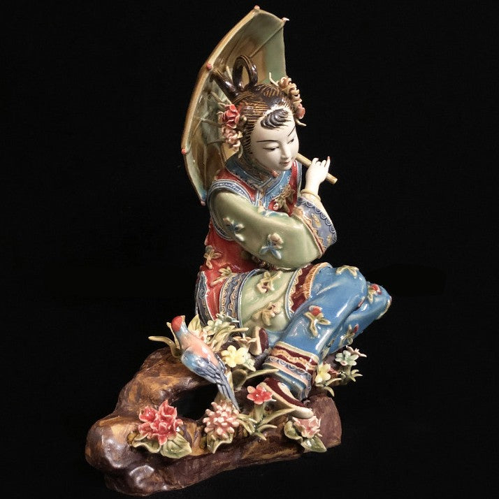 11" Chinese Wucai Porcelain Pottery Oriental Belle Girl Lady Play Bird Flower S2