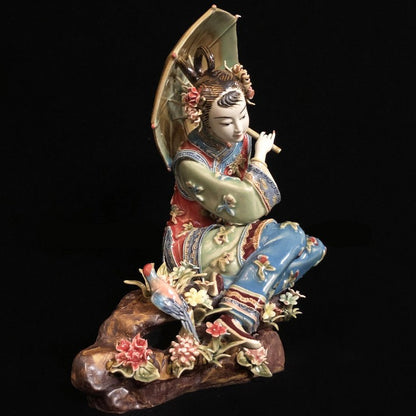 11" Chinese Wucai Porcelain Pottery Oriental Belle Girl Lady Play Bird Flower S2