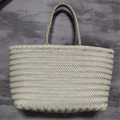 Genuine Leather Woven Shoulder Bag Casual Shopping Bag Vintage Tote Purse Brown