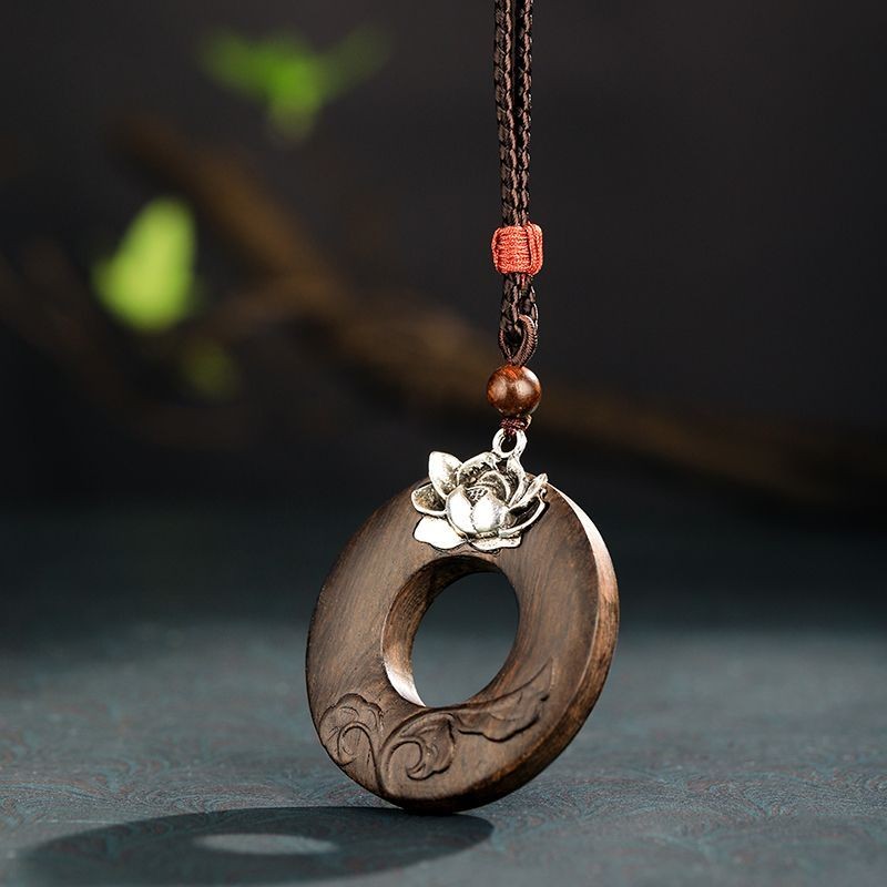Vintage Sandalwood Lotus Safety Buckle Pendant Ethnic Sweater Chain
