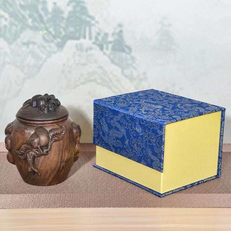 Ebony Wood Tea Caddy Carved Ganoderma Peach Relief Vintage Chinese Jar