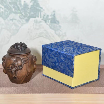 Ebony Wood Tea Caddy Carved Ganoderma Peach Relief Vintage Chinese Jar