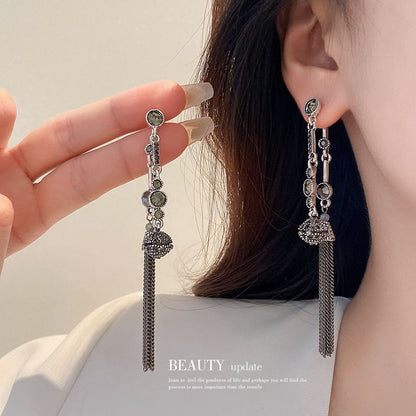 Silver-Plated Rhinestone Ball Tassel Earrings Retro Dangle