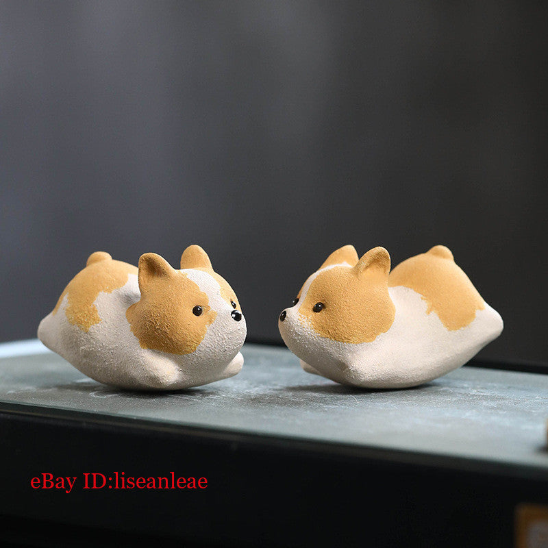 1PC 6.6*4.2*3.5cm Purple Clay Tea Pet Dog Cute Corgi's Tea Table Decoration