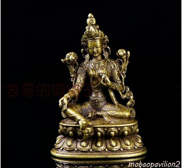 Asia Old Tibet Bronze Solid Small Green Tara Buddha Statue
