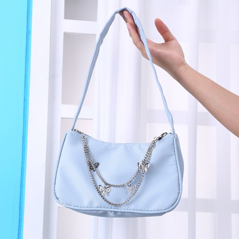 Women Small Shoulder Underarm Bag Leather Nylon Vintage Chain Zipper Handbags