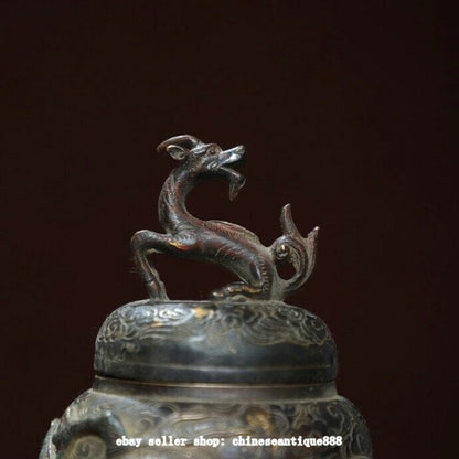 5.5" Marked Antique China Pure Bronze Dynasty Dragon Beast Incense Burner Censer