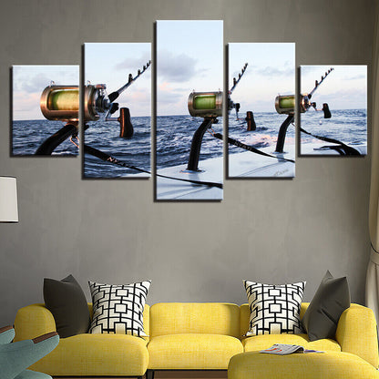 Deep Sea Fishing Rod Blue Ocean Seascape Canvas Print Painting Wall Art Decor 5P