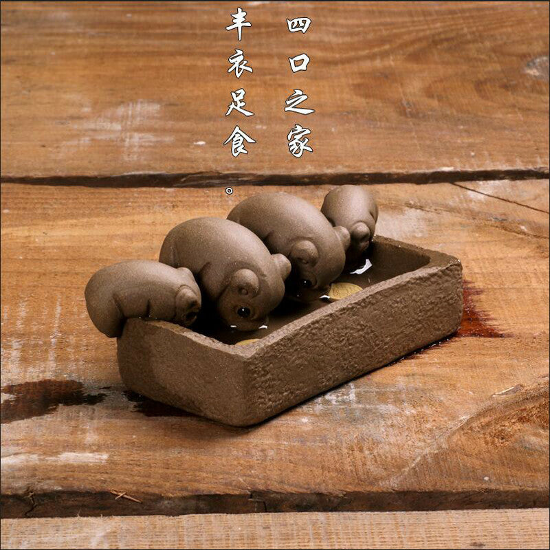 1Pc Yixing Handmade Tea Pet Purple Clay Four Only Pig Drink Water Tea Decoration