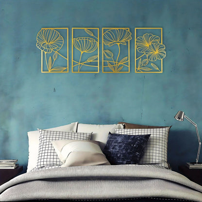 4 Piece Metal Lotus Flower Wall Decor, Floral Aesthetic Splicing Line Art