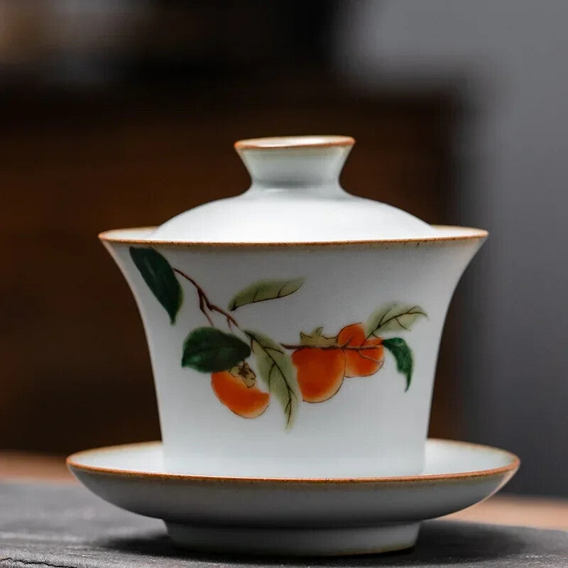 Chinese Retro Ru Kiln Tea Tureen Teacup Handmade Flower and Bird Ceramic Gaiwan