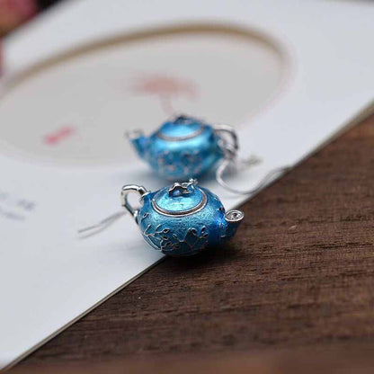 Thai Silver Ethnic Style Enamel Teapot Plum Earrings for Women Exquisite Chinese