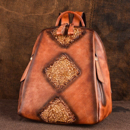 Travel Bag Vintage Rucksack Embossed Leisure Daypacks Genuine Leather Backpacks
