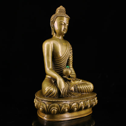 7.5" Buddhism Sakyamuni Buddha Statue Collect Chinese Brass Inlay Gem