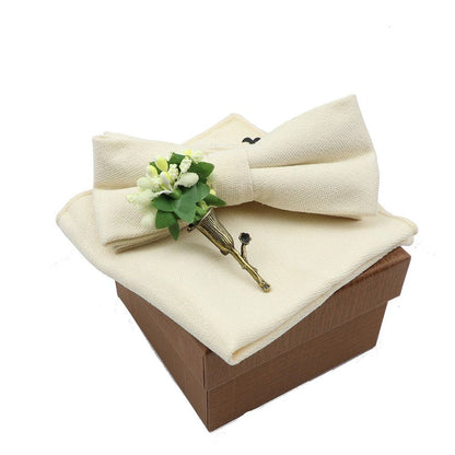 Men Bow Ties 3Pcs Cotton Handkerchief Flower Brooch Women Party Wedding Necktie